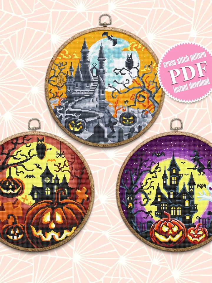 Set Halloween cross stitch pattern download PDF Haunted house cross stitch chart, Halloween pattern digital PDF, Happy Halloween night #S40