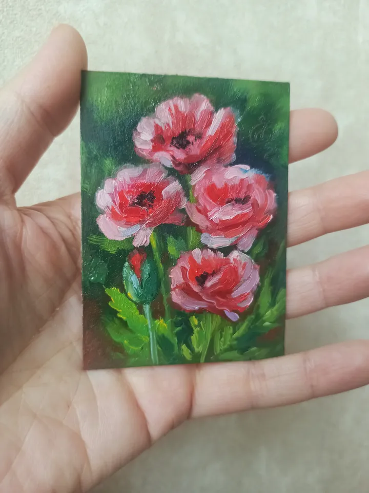 Original oil painting ACEO, Red-pink poppies, Red flowers, Blooming garden, Collection card 2,5x3,5 in