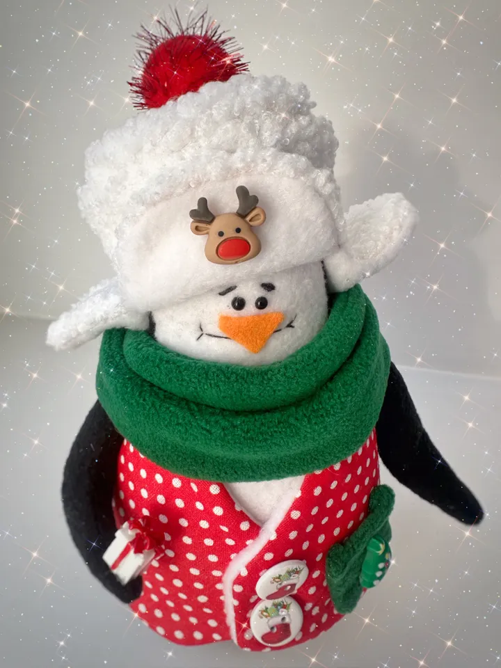 Christmas Handmade Penguin toy. Soft Animal doll in hat. Holiday doll for Christmas gift.