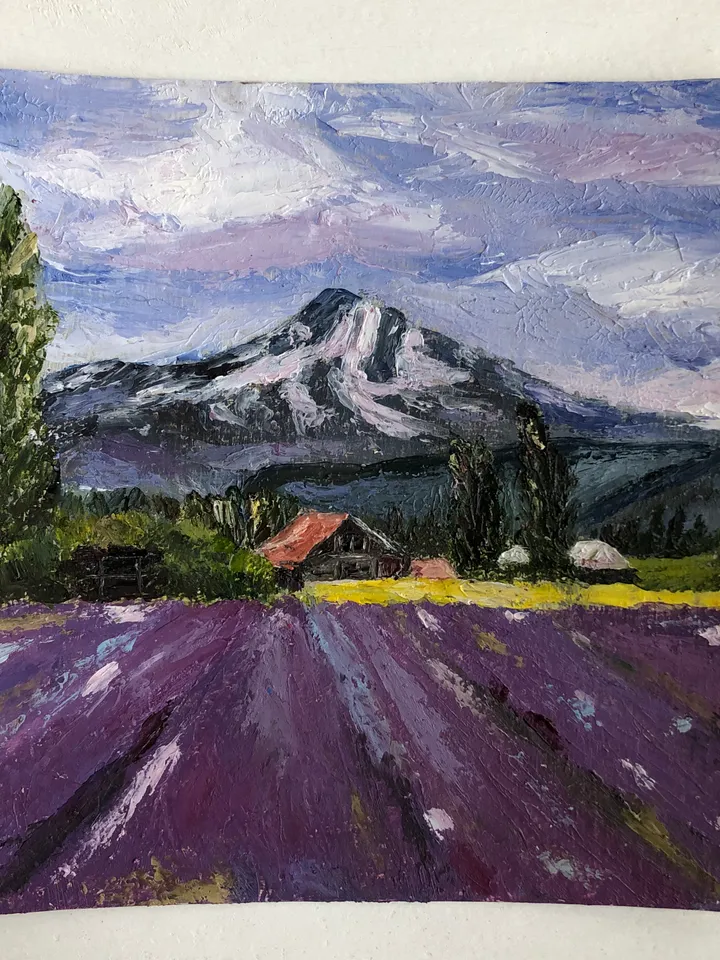 Original oil painting beautiful lavender field Home art wall Decor landscape 6x6 inches