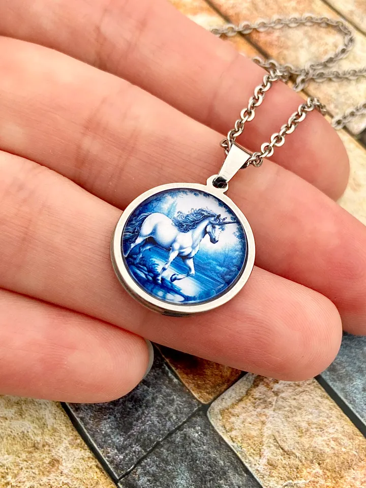 White Unicorn necklace, steel pendant with glass, Horse lover gift, Fantasy charm