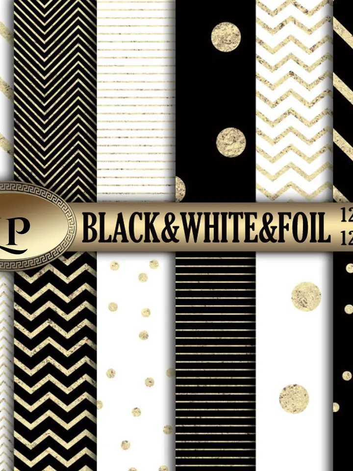 Black and white background with Gold Foil confetti, stripes and chevron. Metallic dots textures digital papers, Instant download