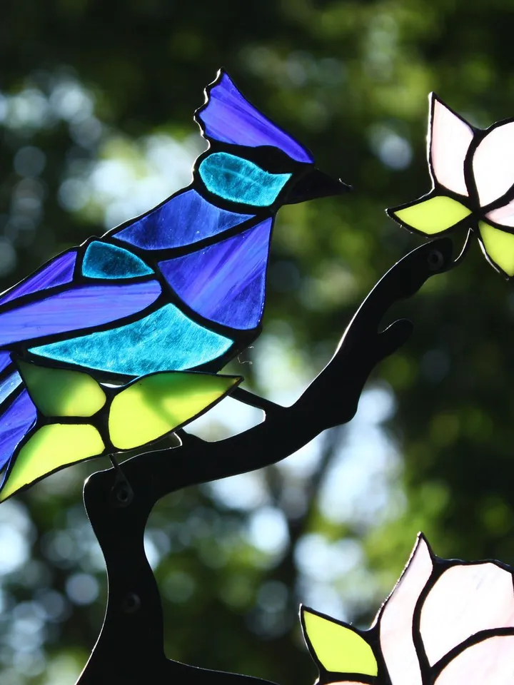Tiffany Stained Glass: Magnolia Branch with Blue Jays, Tiffany Stained Glass Magnolia Branch with Blue Jays, Magnolia Blossom and Blue Jays, Stained Glass Magnolia Branch and Songbirds,Decorative Tiffany Glass Art: Magnolia Flowers and Birds