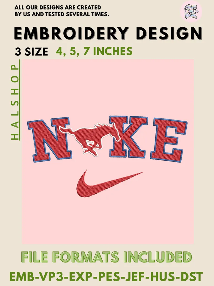 NCAA SMU Mustangs Nike Logo Embroidery File | Machine Embroidery Design | 3 Sizes, 6 Formats | NCAA Teams