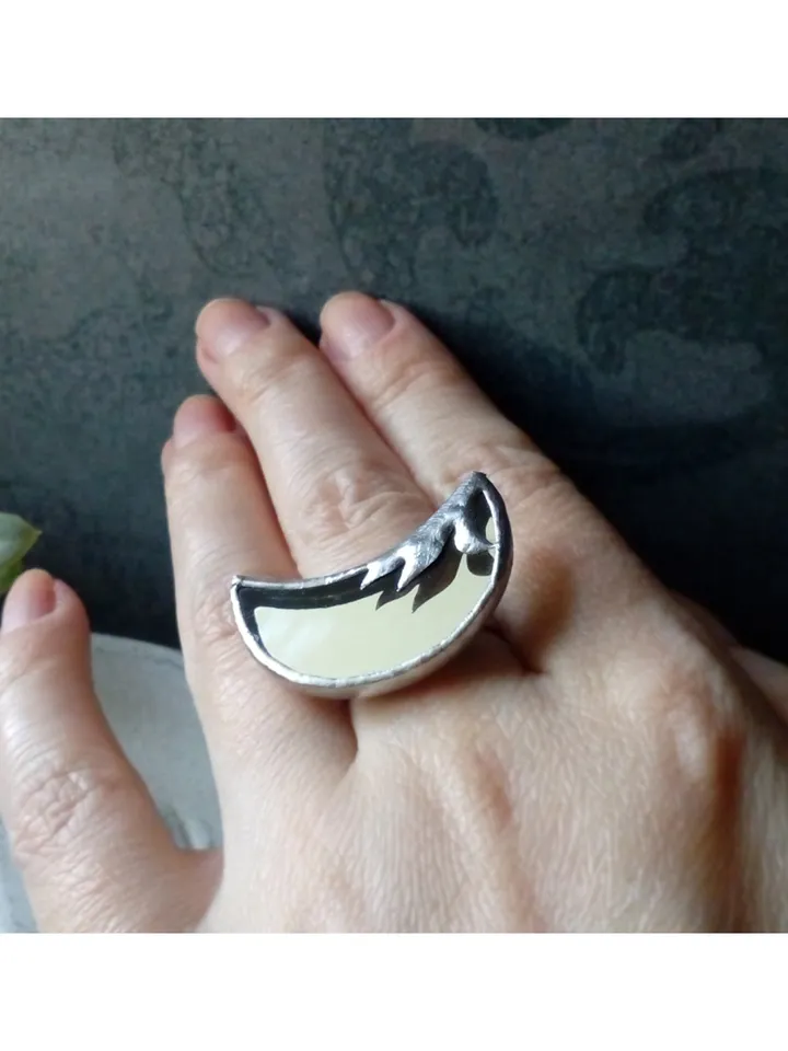 Mirror crescent ring, moon ring, stained glass ring, protection ring, Halloween ring, witchy aesthetic, soldered ring