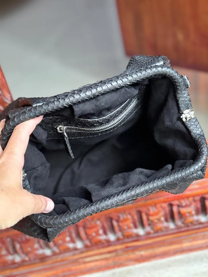 Genuine python skin black  pouch bag | exotic leather bags | medium size soft clutch | snake designer bag | gift for her | classy purse