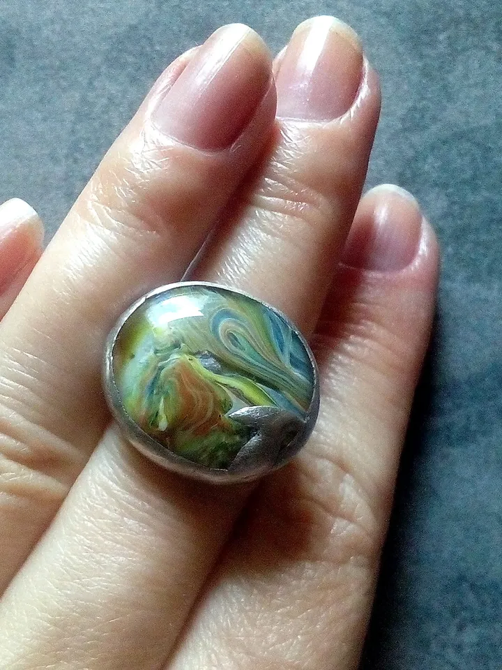 Glass fused ring, simple stained glass, tiffany ring, green ring, tin soldered ring
