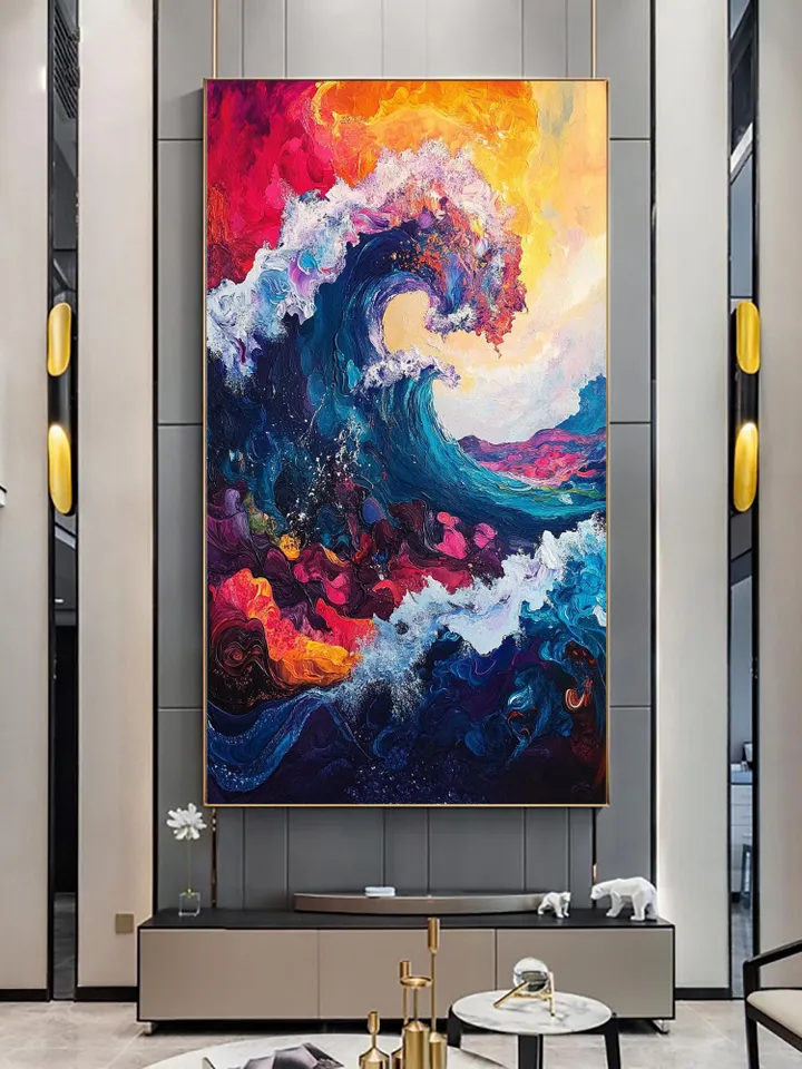 Original Hand-Painted Abstract Oil Painting on Canvas | Colorful Ocean Wave Art | Stunning Red, Blue, Yellow Decor for Living Room or Office
