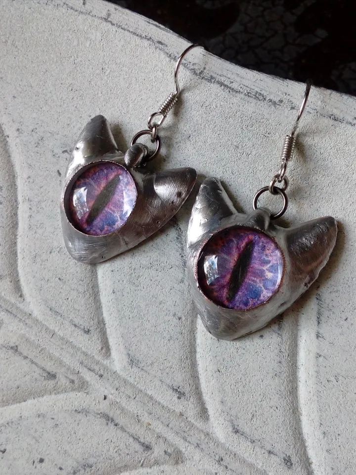 CAT eye earrings, Cat head earrings, Cat lovers bijouterie, Witch earrings, Halloween earrings, Tin soldered earrings