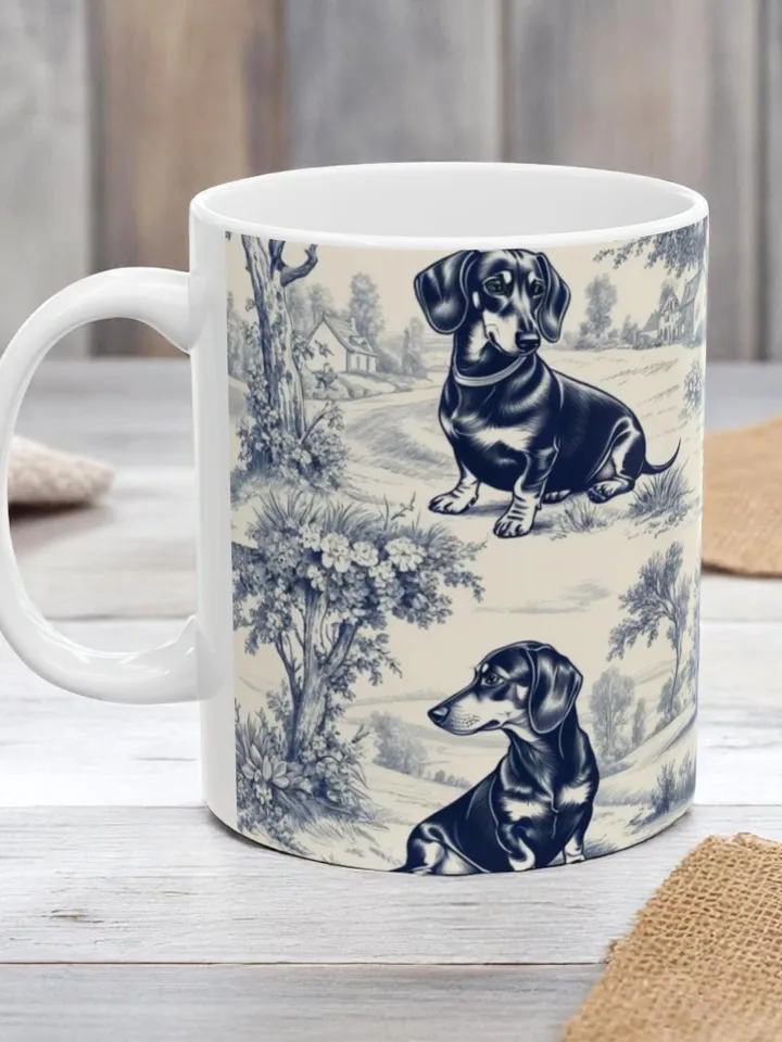 Dachshund French Toile de Jouy Mug - Blue Toile Coffee Cup for Doxie Mom, Sausage Dog Lover Gifts, Dog Tea Drinkware, Dog Mom Gift