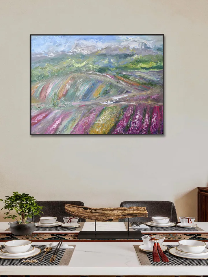 Japanese fields large canvas ,original oil landscape painting,,meadows,mountains,coloured fields painting,50/70 sm canvas wall art.