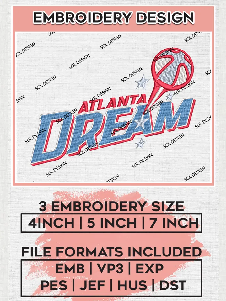 WNBA Atlanta Dream Team Logo Embroidery Files, NBA Atlanta Dream Embroidery Designs, Basketball Teams, 3 sizes, Machine embroidery designs, Digital Download