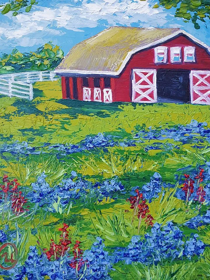 Red Barn Painting Bluebonnet Original Art Texas Wall Art Impasto Oil Painting