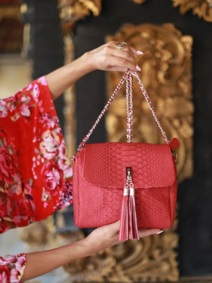 Genuine Python Skin Crossbody Bag | Chain Tassel red summer bag | Leather Woman Free Shipping Handmade Summer purse | exotic leather bag