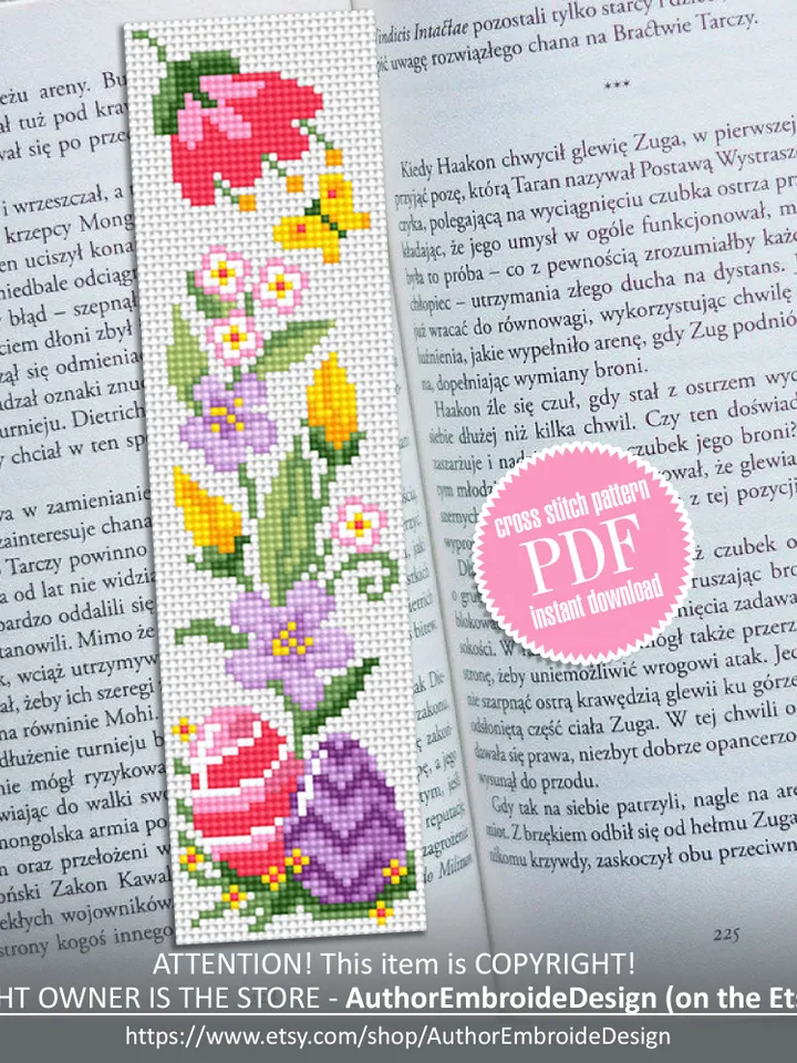 Easter bookmark cross stitch pattern PDF download Easter eggs cross stitch chart, Flower Bookmark pattern digital PDF, Pastel bookmark #B209