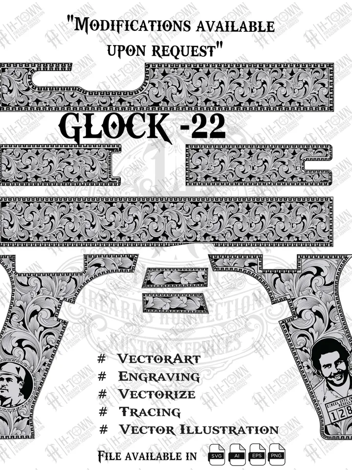 Glock 22 Engraving Scroll Vector | Ornamental Grip Design | Full Slide Svg Png AI Eps | Custom Laser Template
