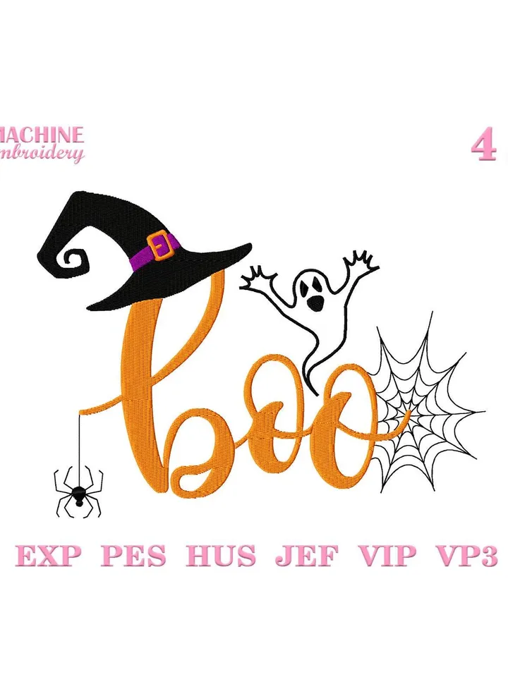 Boo machine embroidery pattern 4 size Halloween embroidery design instant download, Spooky boo and witch hat, Boo ghost embroidery file #R35