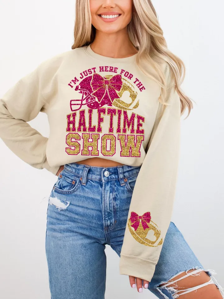 Just Here For Halftime Show Sparkly Faux Sequins Superbowl Png, Game Day Shirt Design, Trendy Superbowl Png, Sleeve Sublimation
