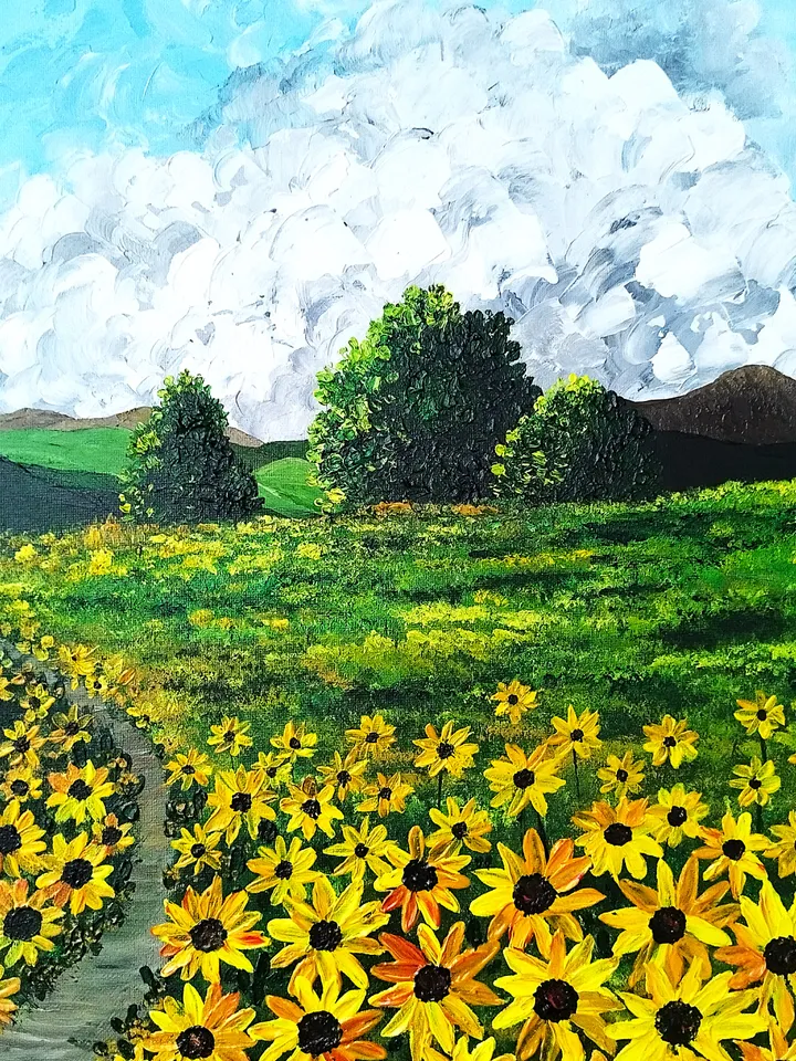Sunflowers Landscape Textured Acrylic Painting Artwork Impasto