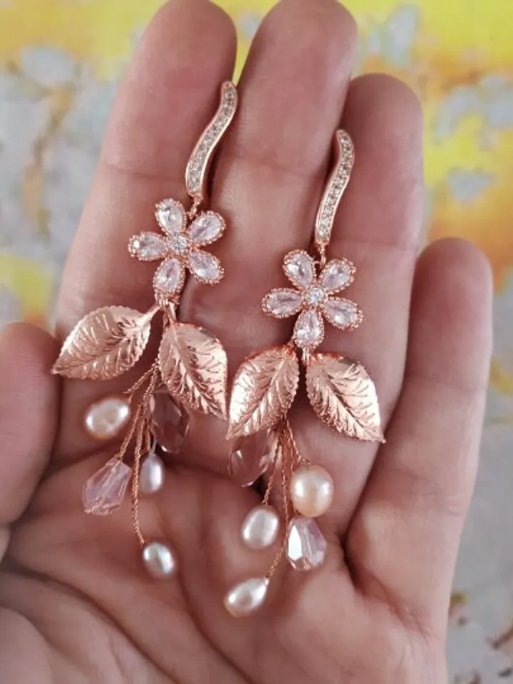 Rose Gold Diamond Bridal Earrings | Boho Statement Wedding Earrings | Floral Wedding Jewelry | Bridesmiad Gift | Pearl Bridal Jewelry |