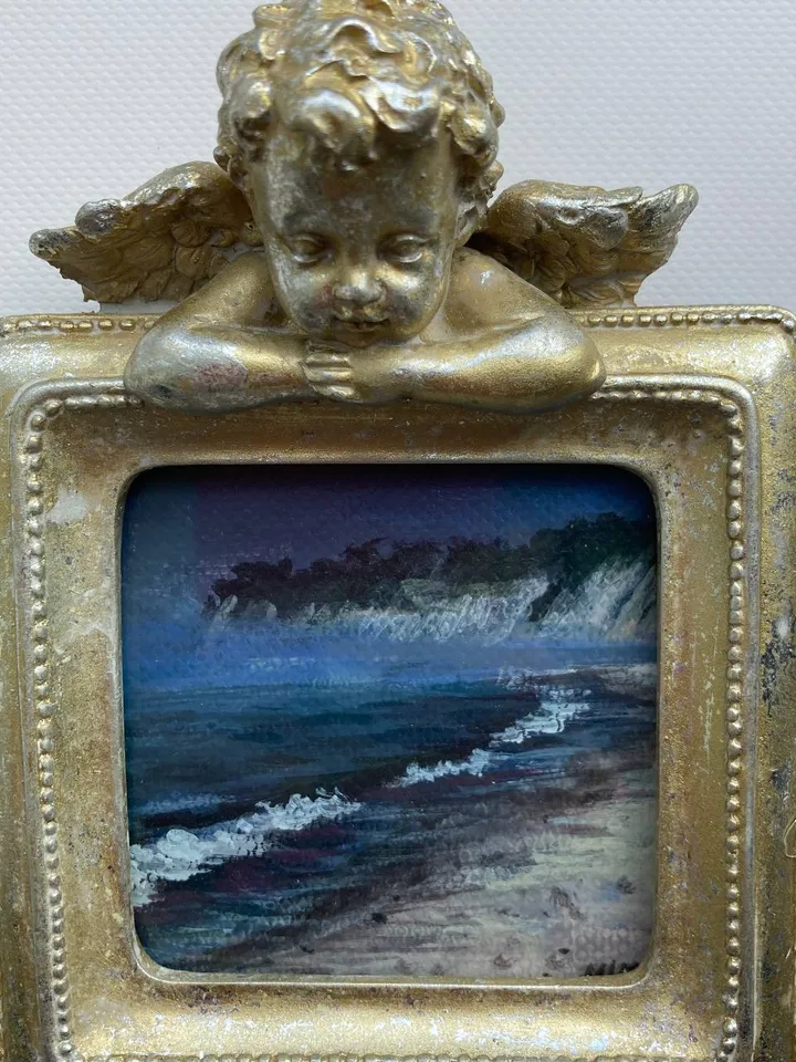 Small Landscape Painting Framed Original Foggy Cliff Painting Antique Misty Art Coastal Gold Frame Tiny Paintings 4 x 4 Art Victorian artwork