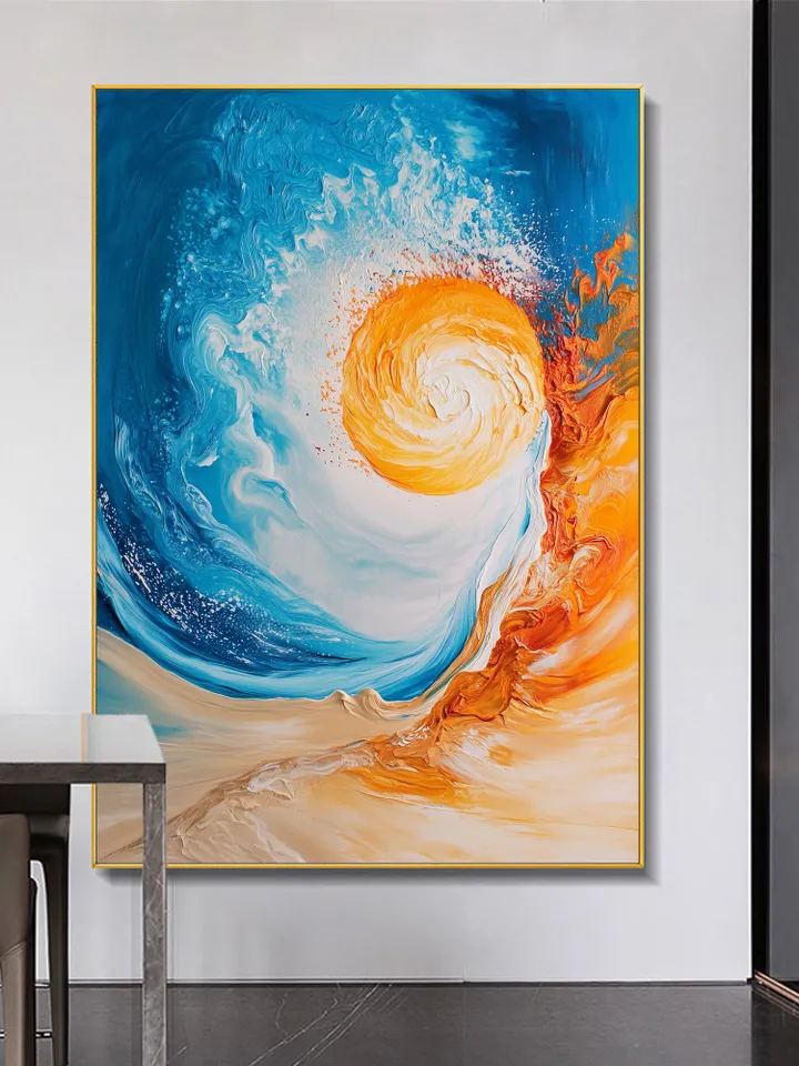 Hand-Painted Abstract Oil Painting | Vibrant Sun and Ocean Art | Stunning Blue and Orange Wall Decor for Modern Living Room