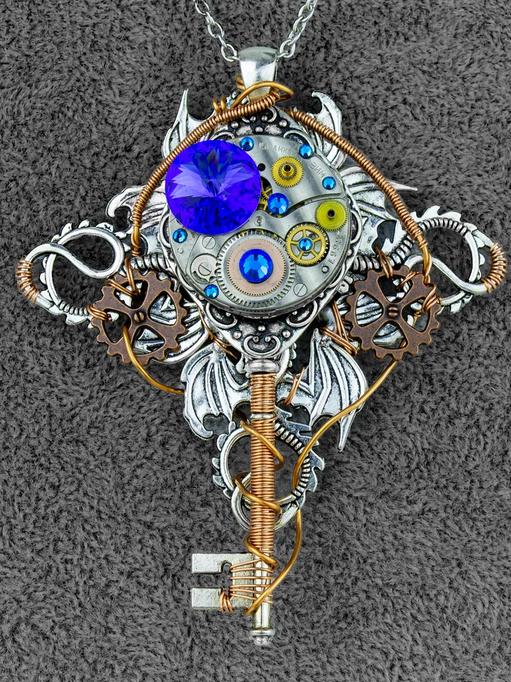 Vintage Steampunk Fantasy Key with Swarovski Crystals "Brass Dragon"