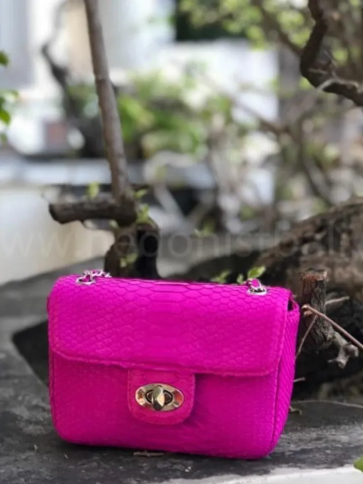 Genuine Python Skin fuchsia summer mini bag| Adjustable Chain Classy Elegant Bright Pink Crossbody Small Lady Summer Purse | Gift for her