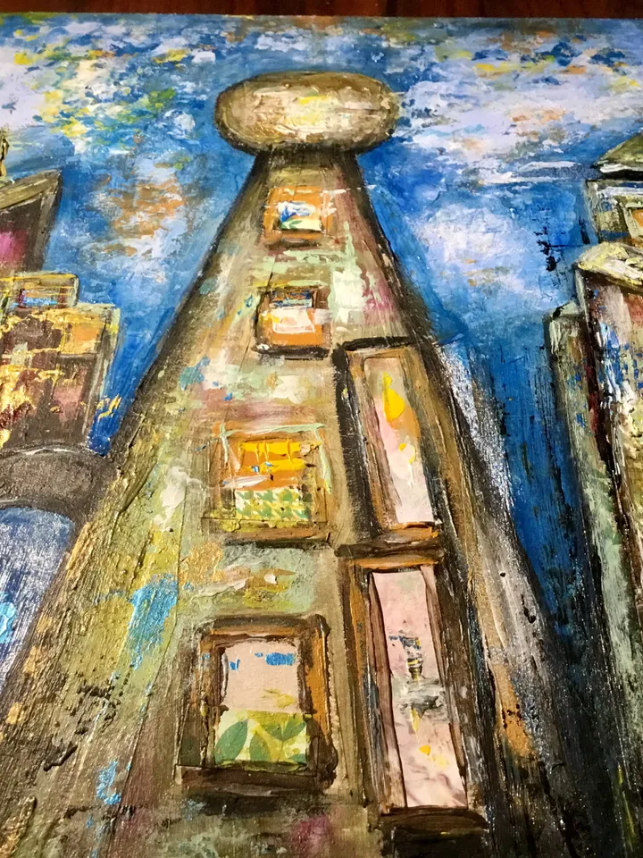 Sky town,original mix media painting on cardboard,collage and acrylic painting,fantasy cityscape,wall art.