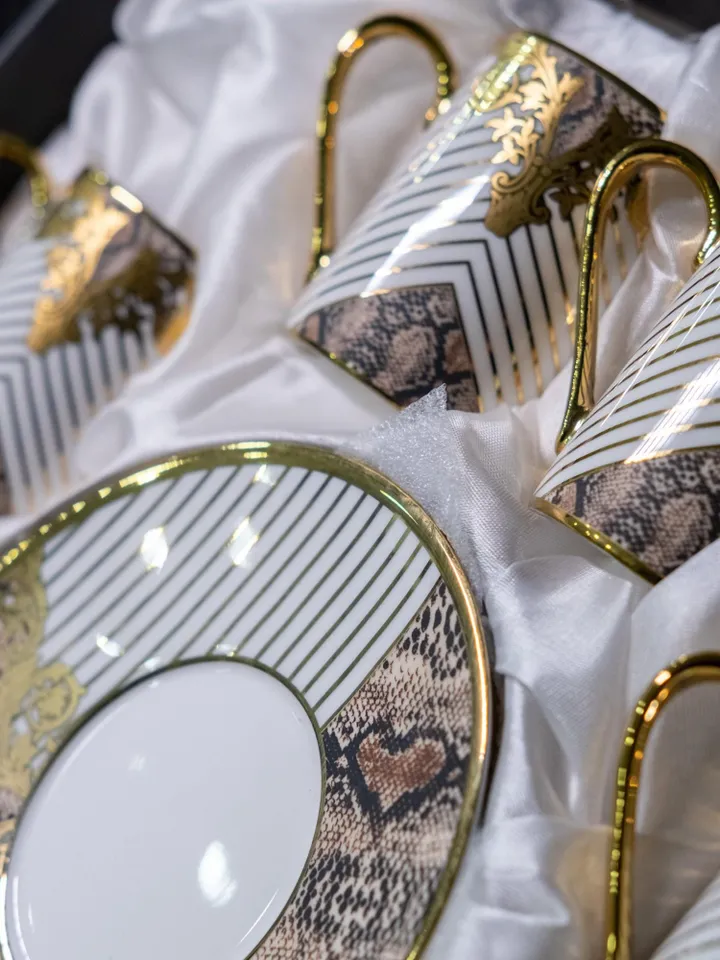 White and Gold Tea Cups and Saucers Set | Elegant White Porcelain Tea Cup Set with Golden Detailing | Elite Design Perfect Gift Idea