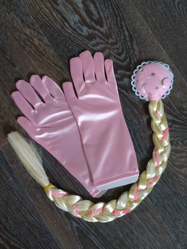 Children's satin gloves, pink, blue, a set of Elsa, Anna, frozen hair, festive set, festival gloves, artificial braid,ice gloves