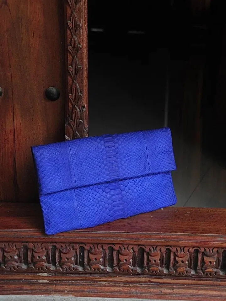 Genuine python skin bright blue ultramarine envelope clutch| Foldover Woman Summer Purse | Elegant Classy Clutch bag | Snakeskin small bag