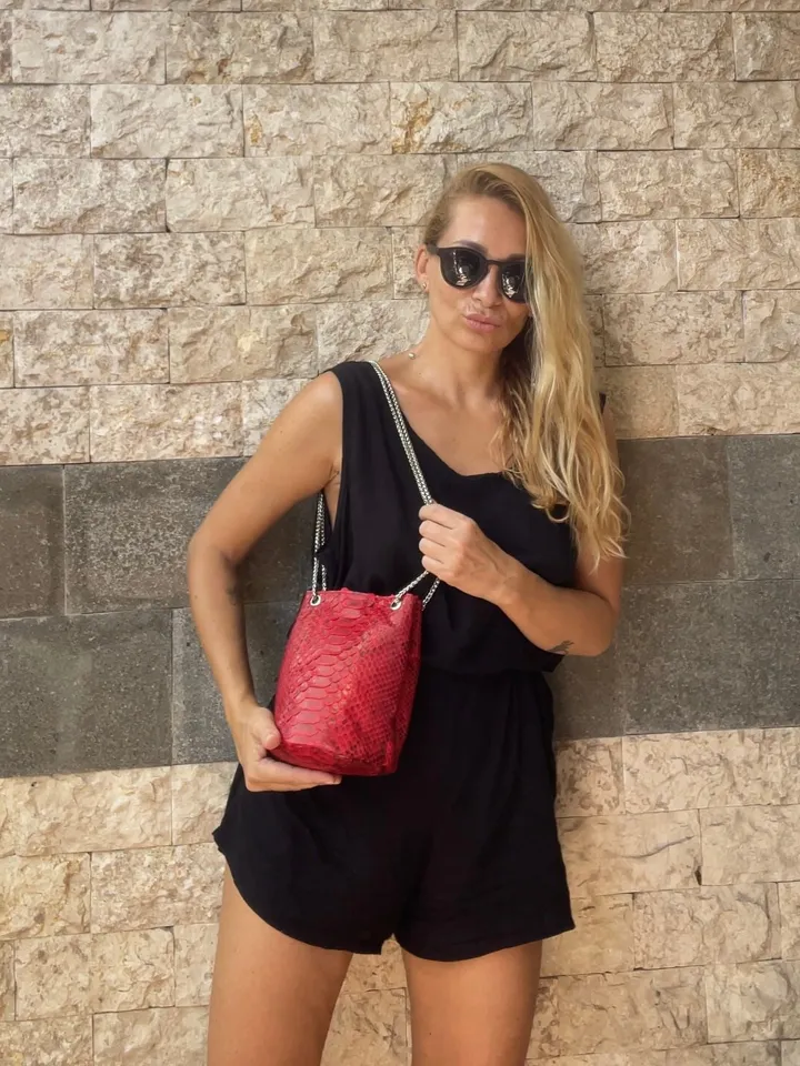Genuine python skin bucket red chain bag / designer women purse / bright soft bag / exotic leather bags free shipping | gift for her