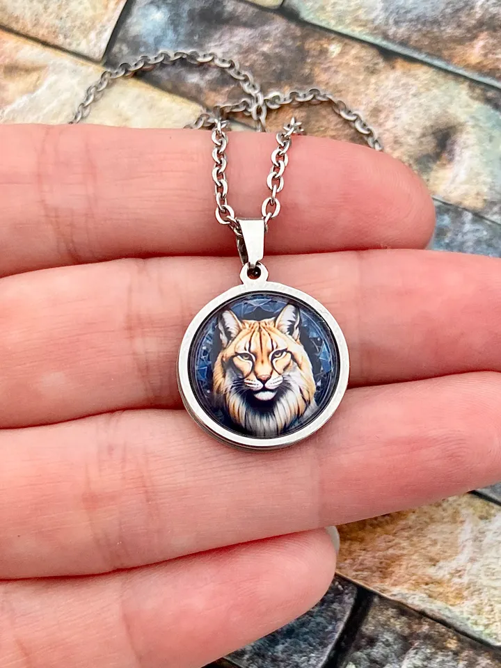 Bobcat head necklace, steel pendant with glass, Lynx lover gift, Wild cat charm