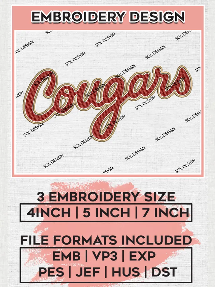 NCAA Cougars Football Team Writing Logo Embroidery Design Files, NCAA Charleston Cougars Machine Embroidery, NCAA Teams, Game Day, 3 sizes, NCAA Machine embroidery designs, Digital Download