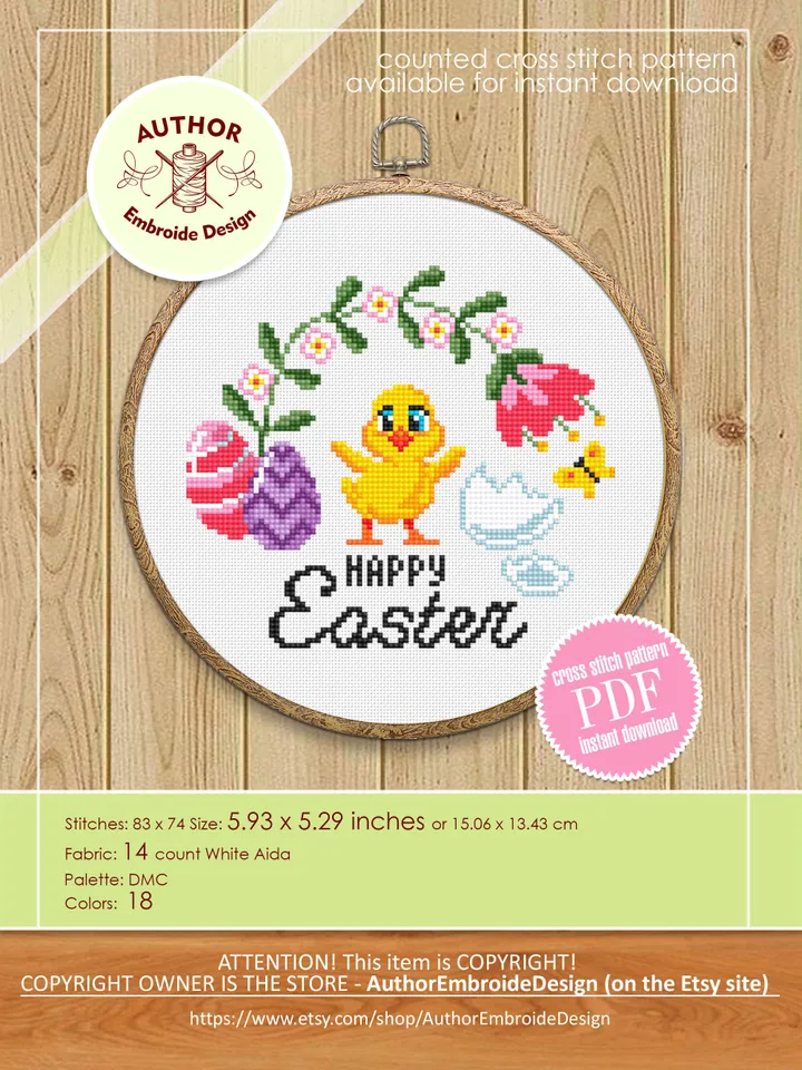Happy Easter cross stitch pattern PDF Small easter chick cross stitch chart, Easter pattern digital PDF, Easter eggs, Spring flowers #T37