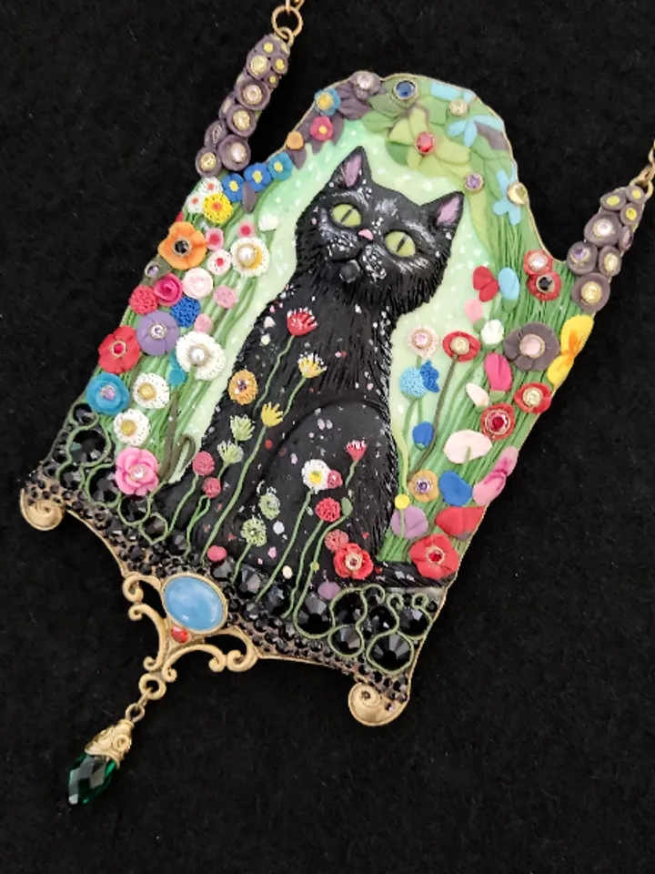 Necklace "Garden cat", cat pendant, necklace with stones, unusual necklace