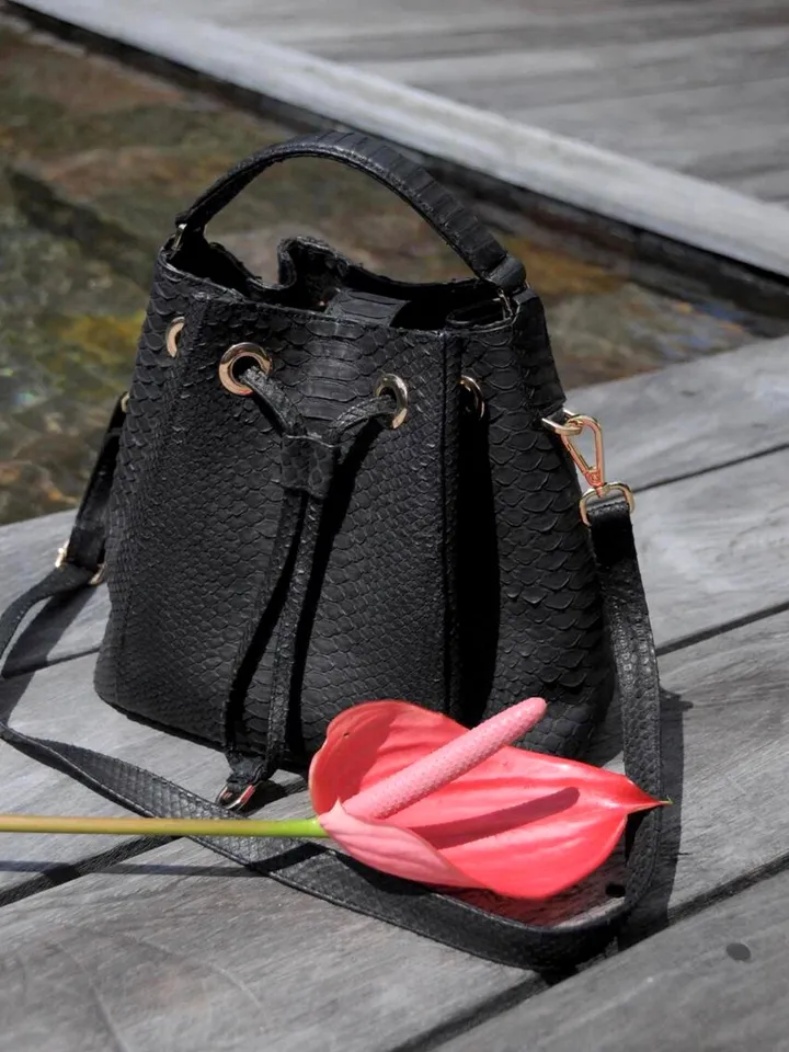 Genuine python skin black bucket crosshandle bag | designer women purse | classy elegant crossbody bag | exotic leather bags | gift idea