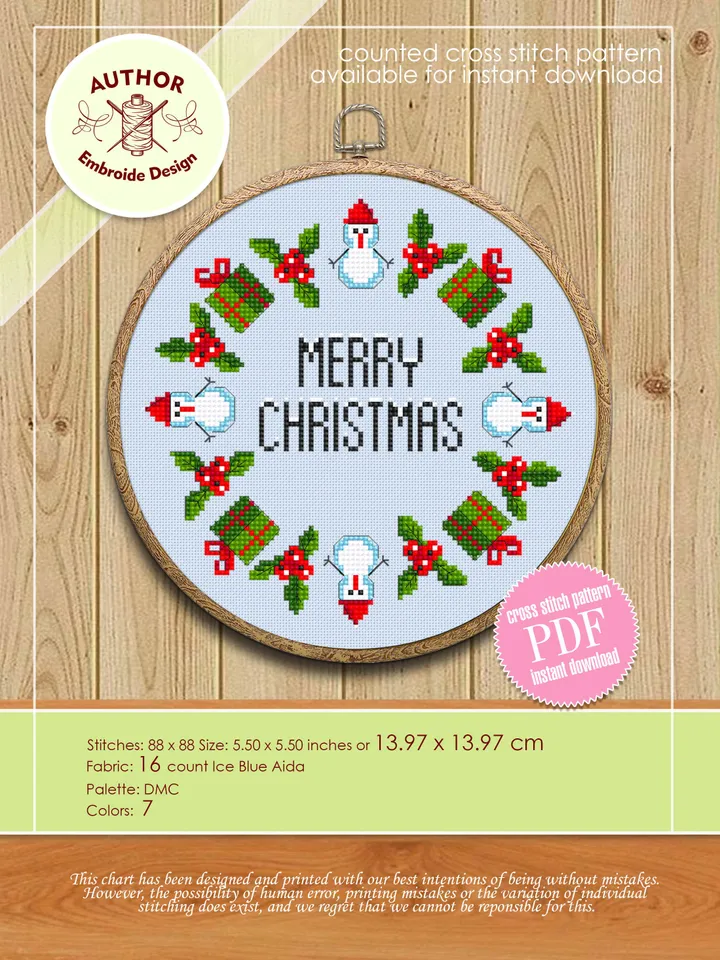 Snowman wreath cross stitch pattern download PDF Merry Christmas cross stitch chart Small Snowman pattern digital, DIY Christmas decor #N42