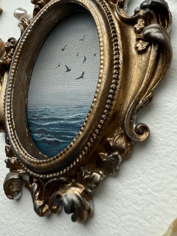 Ocean Landscape Painting Original In Vintage Style Frame Small Framed Museum Style Painting Art Renaissance Antique Seascape Painting Foggy Coast