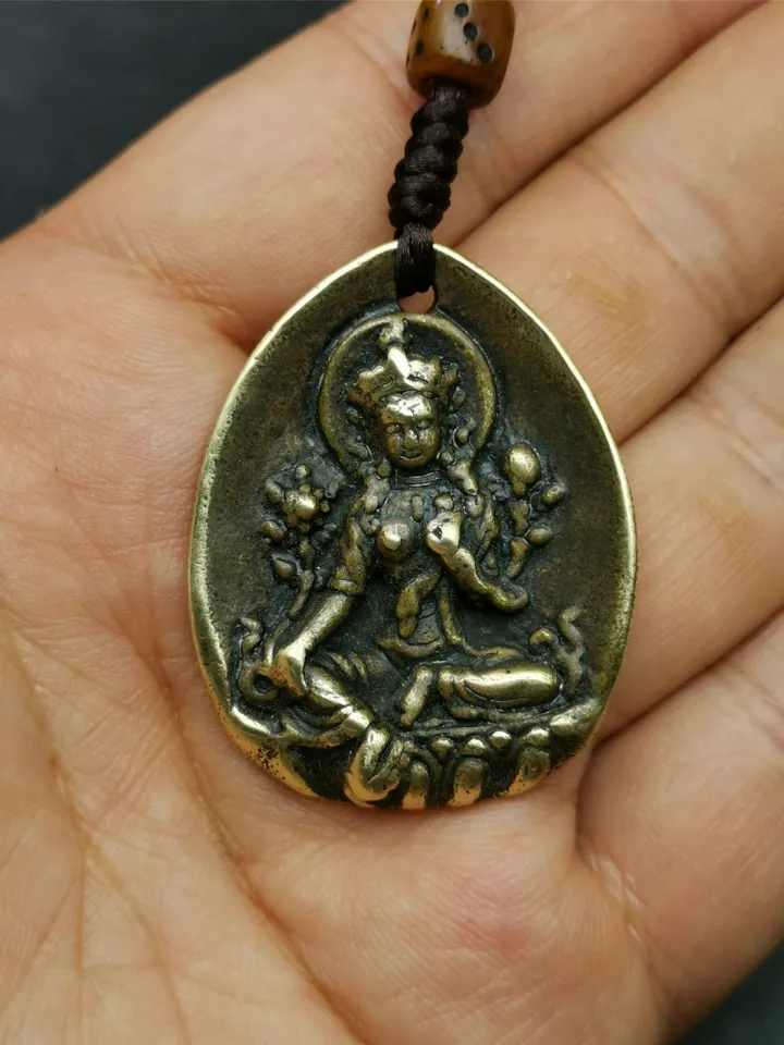 Gandhanra Antique Tibetan Buddhist Protective Amulet,Green Tara Pendant,Jetsun Dolma,Made of Brass