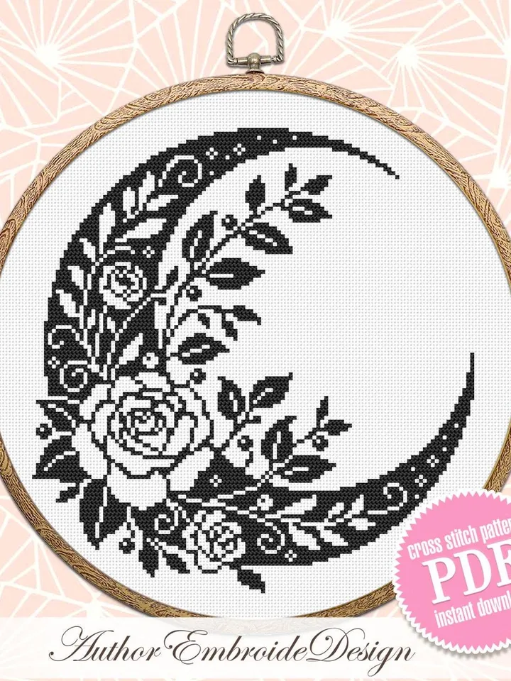 Crescent moon and flowers cross stitch pattern PDF download Floral moon cross stitch chart, Moon pattern digital PDF, Moon embroidery #P50