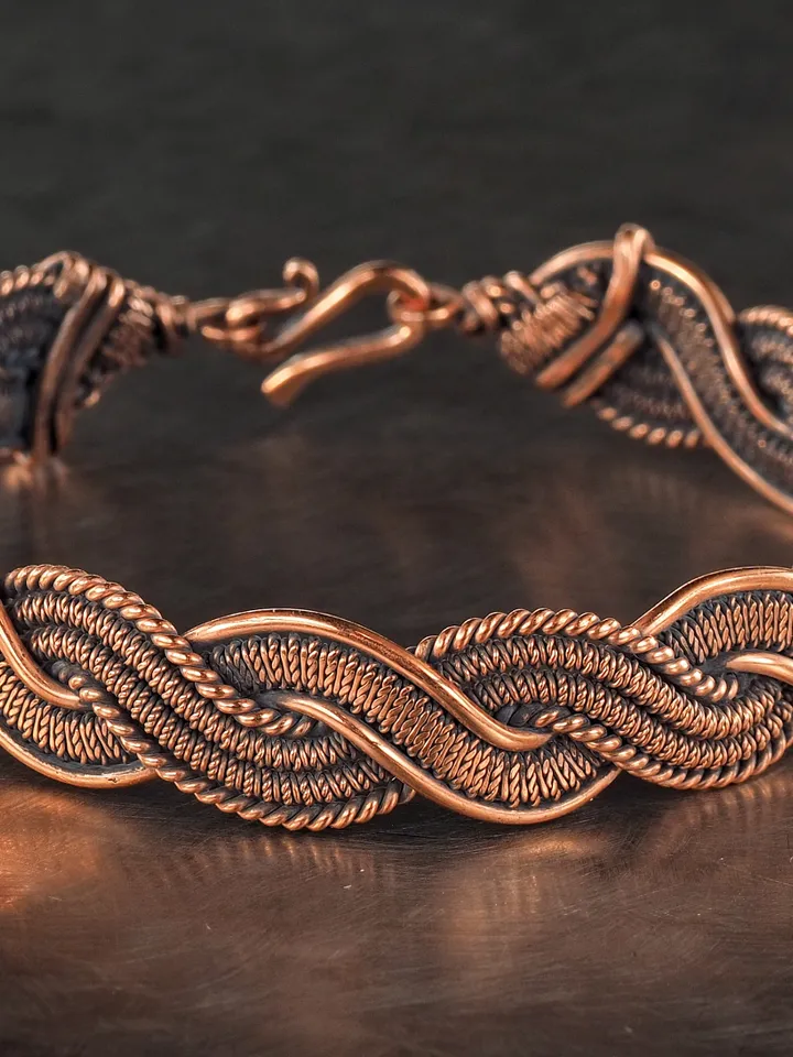 Unique copper wire wrapped bracelet for him or her 7th 22nd Wedding Anniversary gift idea Unique pure copper wire wrapped jewelry Antique style Handmade statement artisan jewellery Healing copper therapy bracelet bangle arthritis pain relief Wearable art