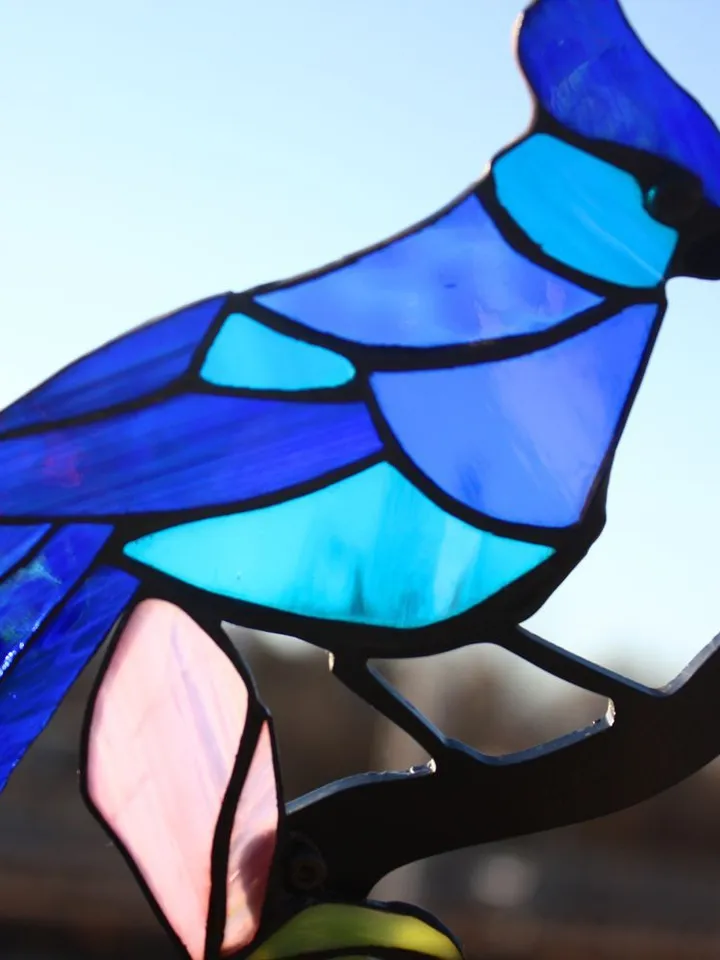 Tiffany Stained Glass: Magnolia Branch with Blue Jays, Tiffany Stained Glass Magnolia Branch with Blue Jays, Magnolia Blossom and Blue Jays, Stained Glass Magnolia Branch and Songbirds,Decorative Tiffany Glass Art: Magnolia Flowers and Birds