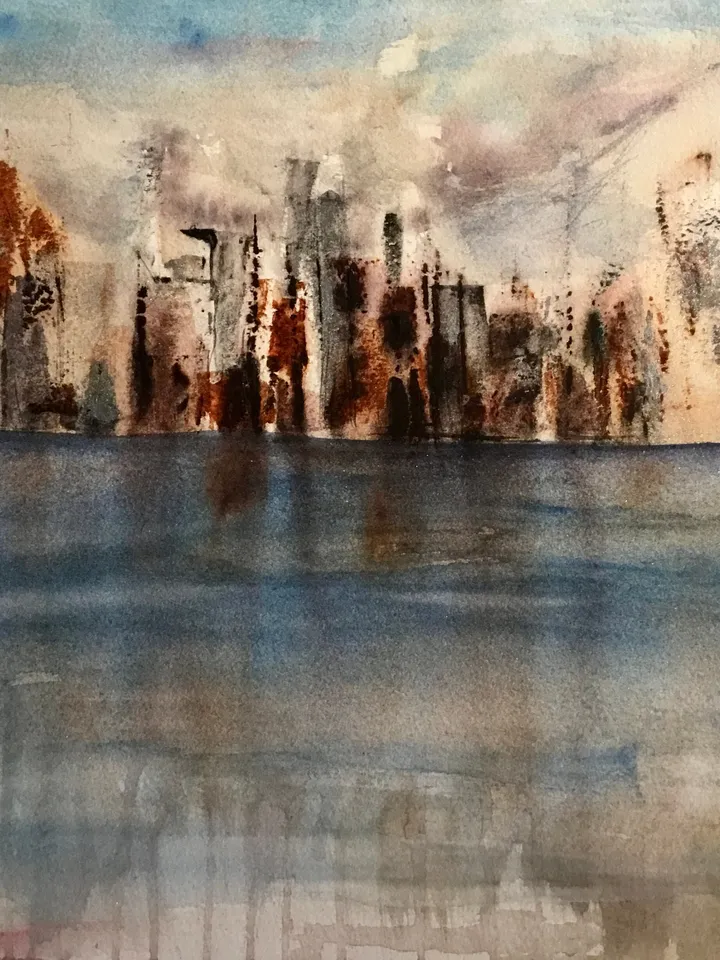 Semi-Abstract watercolour cityscape,original watercolour painting,cityscape wall art,seascape,skyline,skyscapes,blue grey copper painting