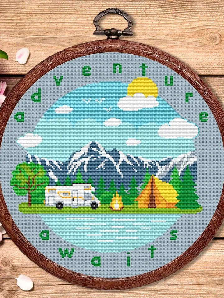 Adventure Awaits Cross Stitch Pattern, Camping Cross Stitch, Embroidery Adventure Awaits, Travel Pattern, Modern Cross Stitch #trl014