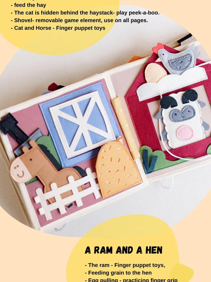 quiet book farm, farm activity quiet book toddler travel toys 1-2-3 year old, kinderkrama