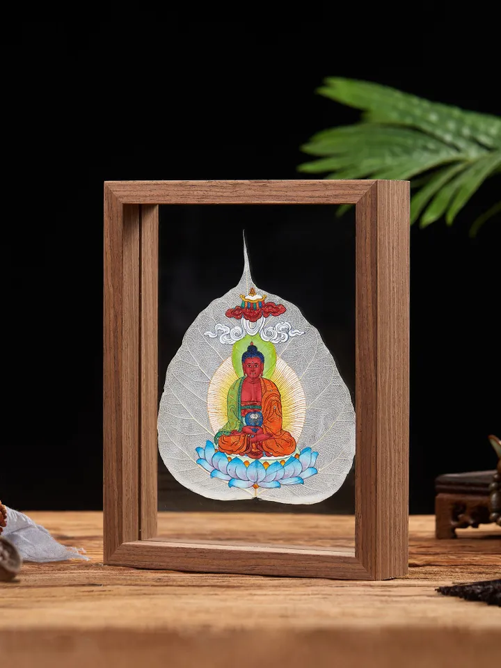 Gandhanra Handpainted Bodhi Leaf Thangka,Packed in Wooden Picture Frame,Painted with Natural Mineral Pigments,Green Tara Thangka