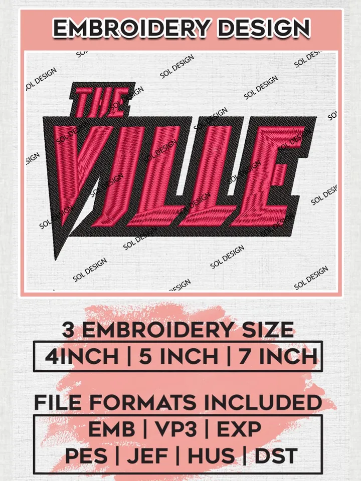NCAA The Ville Team Letter Logo Embroidery Design Files, NCAA Louisville Cardinals Machine Embroidery, NCAA Teams, 3 sizes, NCAA Machine embroidery designs, Digital Download