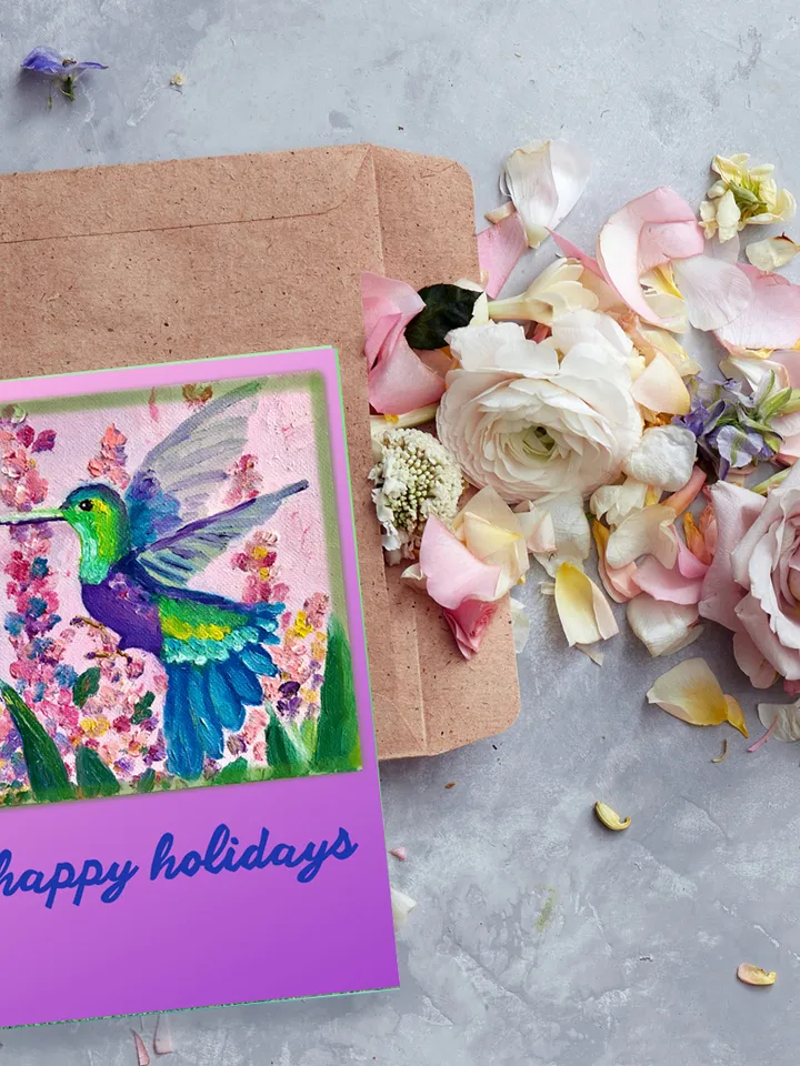 Happy Holiday Printable Bird Card, Hummingbird Greeting Card, Cute Postcard, Instant Digital Download